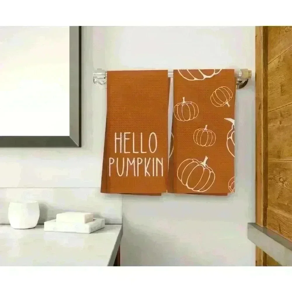 NEW! Hello Pumpkin Fall Kitchen Towels Set Bright Orange & White 16in x 24in